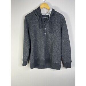Eddie Bauer Womens Pullover Hoodie Sweatshirt Ultra Soft Grey Med 1/4 Button Up